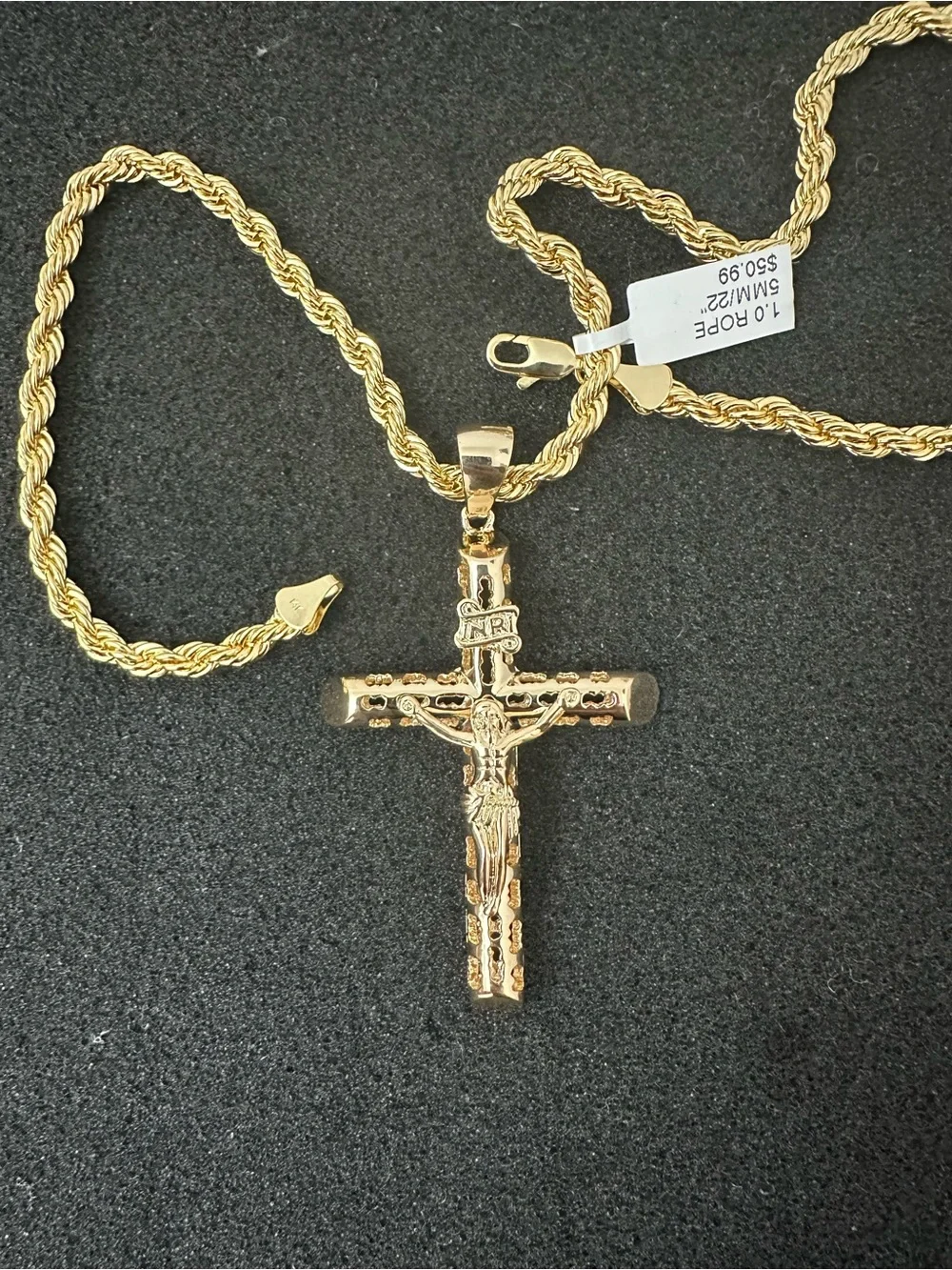 New Gold plated cross Jesus Crucifix Pendant charm with new Rope Chain